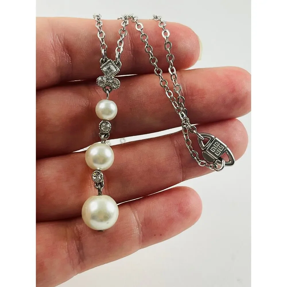 GIVENCHY Logo Pearl Silver Tone Pendant Drop Necklace Rhinestones Diamond Shape